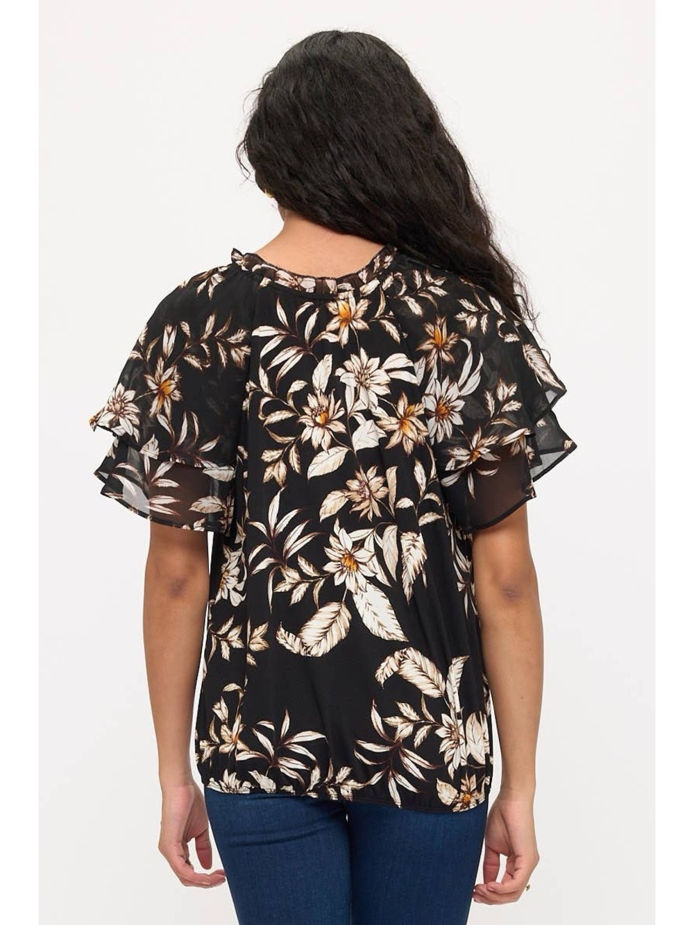 Floral Bubble Hem Flutter Sleeve Blouse